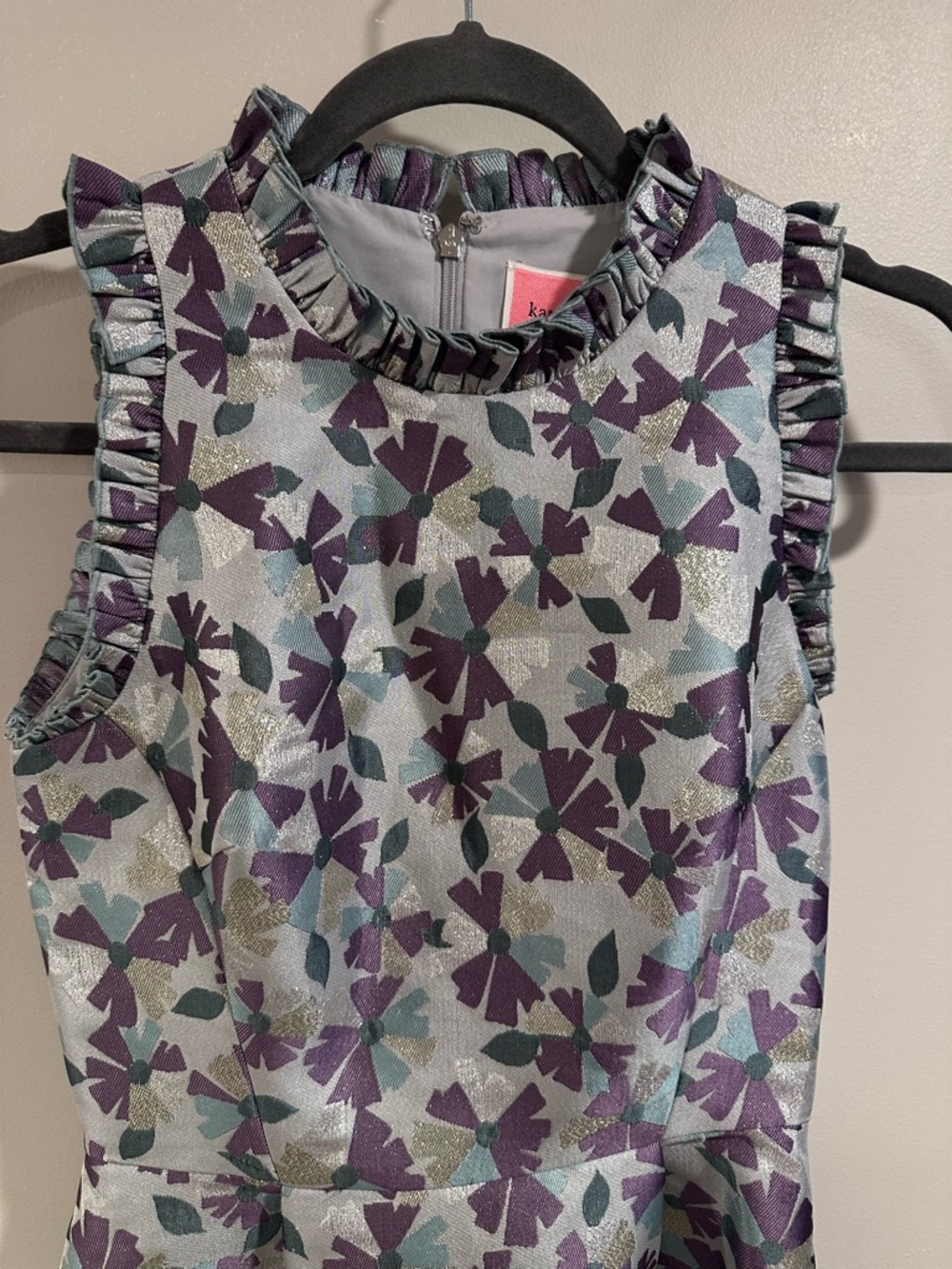 kate spade Moonglow wallflower ruffle Silver Dress Purple Floral Jacquard NWT 00 - Picture 6 of 16